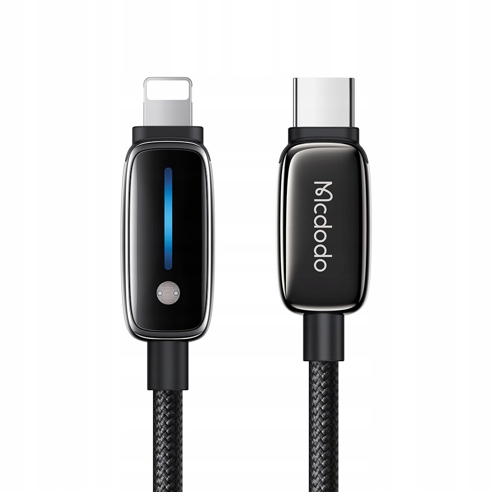 Obraz przedstawia dwa końce kabla: jeden z wtykiem Lightning, drugi z USB-C. Na jednym z końców widoczne jest logo \'Mcdodo\'.