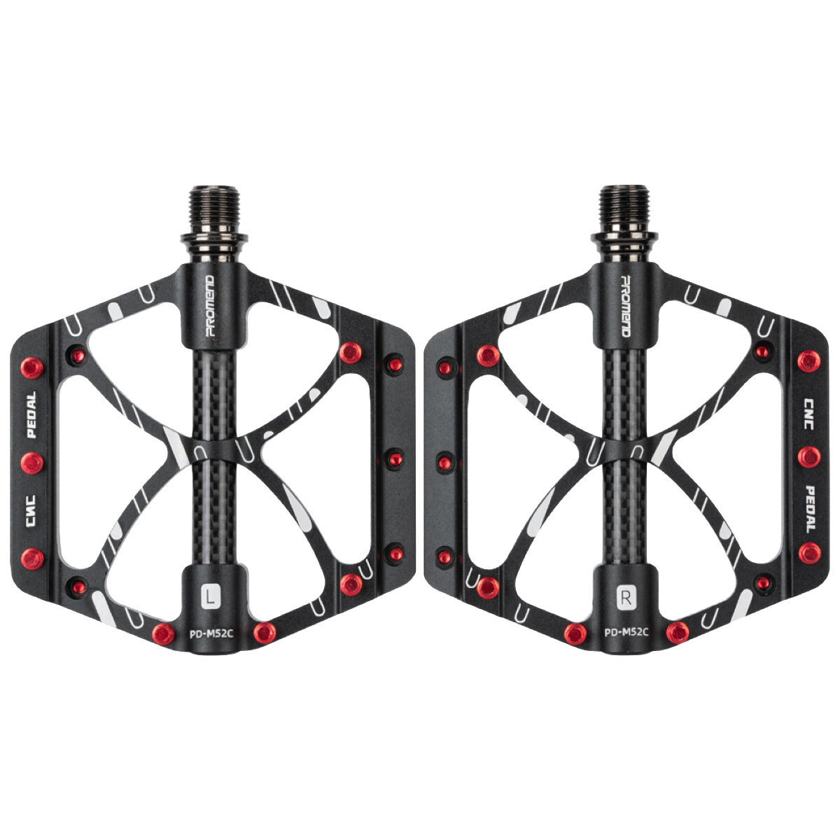 Dwa aluminiowe pedały rowerowe platformowe z pinami, oznaczone literami L i R. Na pedałach widoczne są napisy: \'PROMEND\', \'CNC\', \'PEDAL\', \'PD-M52C\'.