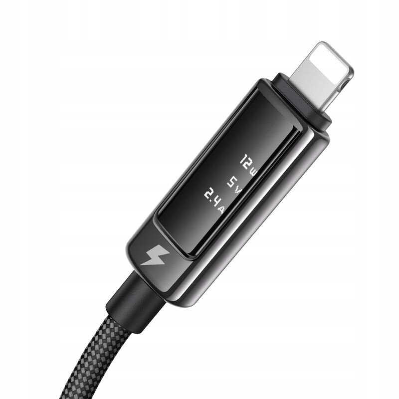 Kabel USB-A Lightning z wyświetlaczem OLED pokazującym wartości: 12W, 5V, 2.4A. Na obudowie widoczny jest symbol błyskawicy.