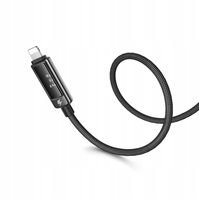 Czarny kabel USB-C z wyświetlaczem OLED pokazującym wartości 12V, 5V, 2.4A oraz oznaczeniem 100W. Kabel ma plecioną osłonę i metalowe złącze.