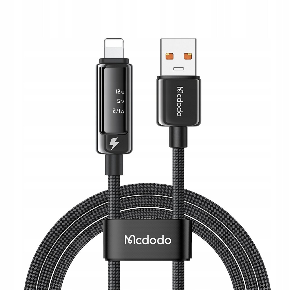 Czarny kabel USB-A do Lightning z wyświetlaczem OLED pokazującym wartości 12W, 5V, 2.4A. Na kablu widoczne jest logo \'Mcdodo\'.