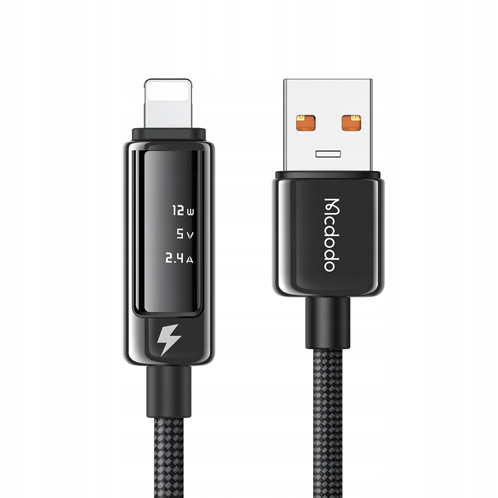 Na obrazie widoczny jest czarny kabel USB-A do Lightning z wyświetlaczem OLED pokazującym wartości 12W, 5V, 2.4A. Na wtyczce USB znajduje się logo \'Mcdodo\'.