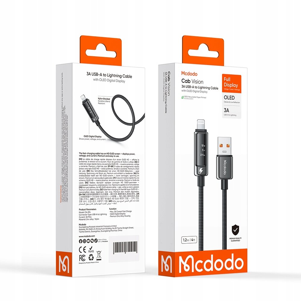 Opakowanie kabla USB-A do Lightning z wyświetlaczem OLED, oznaczone jako Mcdodo Cab Vision. Na opakowaniu widoczny jest kabel oraz informacje o specyfikacji: 3A, 1.2m, Full Display OLED.