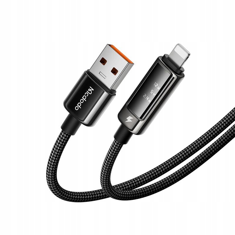 Na obrazie widoczny jest kabel USB-A do Lightning z plecionym przewodem. Na wtyczce USB znajduje się logo \'Mcdodo\', a na wtyczce Lightning widoczny jest symbol błyskawicy oraz wartości \'12W\', \'5V\', \'2.4A\'.