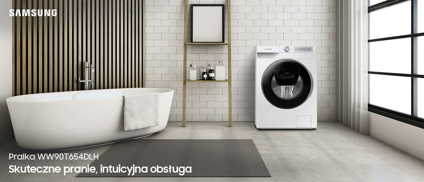 Pralka WW90T654DLH w łazience przy oknie, obok wolnostojąca wanna Wnętrze łazienki z białą wanną i pralką marki Samsung. Na obrazie widoczny jest tekst: \'Pralka WW90T654DLH Skuteczne pranie, intuicyjna obsługa\'.