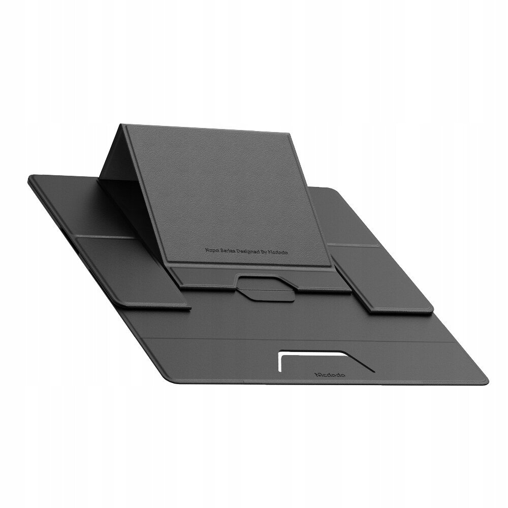 Czarna, regulowana podstawka pod laptopa lub tablet z widocznym logo \'Mcdodo\'. Na powierzchni znajduje się napis \'Magic Series Designed By Mcdodo\'.