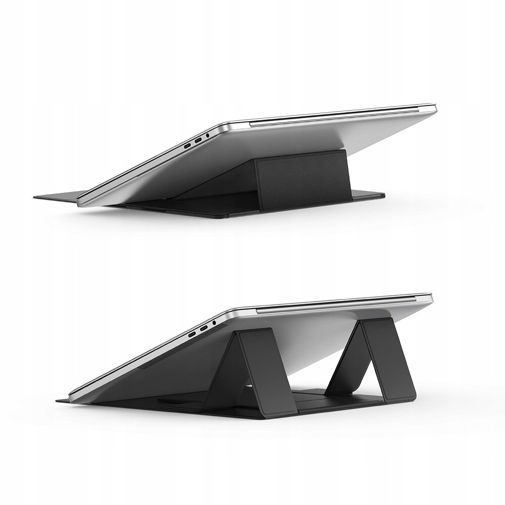 Obraz przedstawia dwa ujęcia regulowanej podstawki pod laptopa lub tablet, na której umieszczone jest urządzenie. Podstawka jest czarna i ma prosty, nowoczesny design.