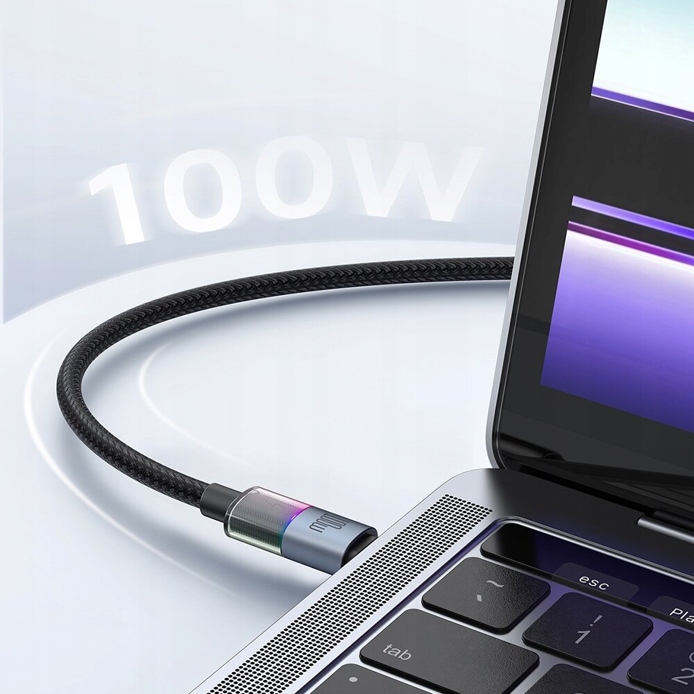 Zdjęcie przedstawia czarny kabel USB-C podłączony do laptopa, z widocznym napisem \'100W\' w tle. Kabel ma metalową końcówkę z delikatnym kolorowym akcentem.