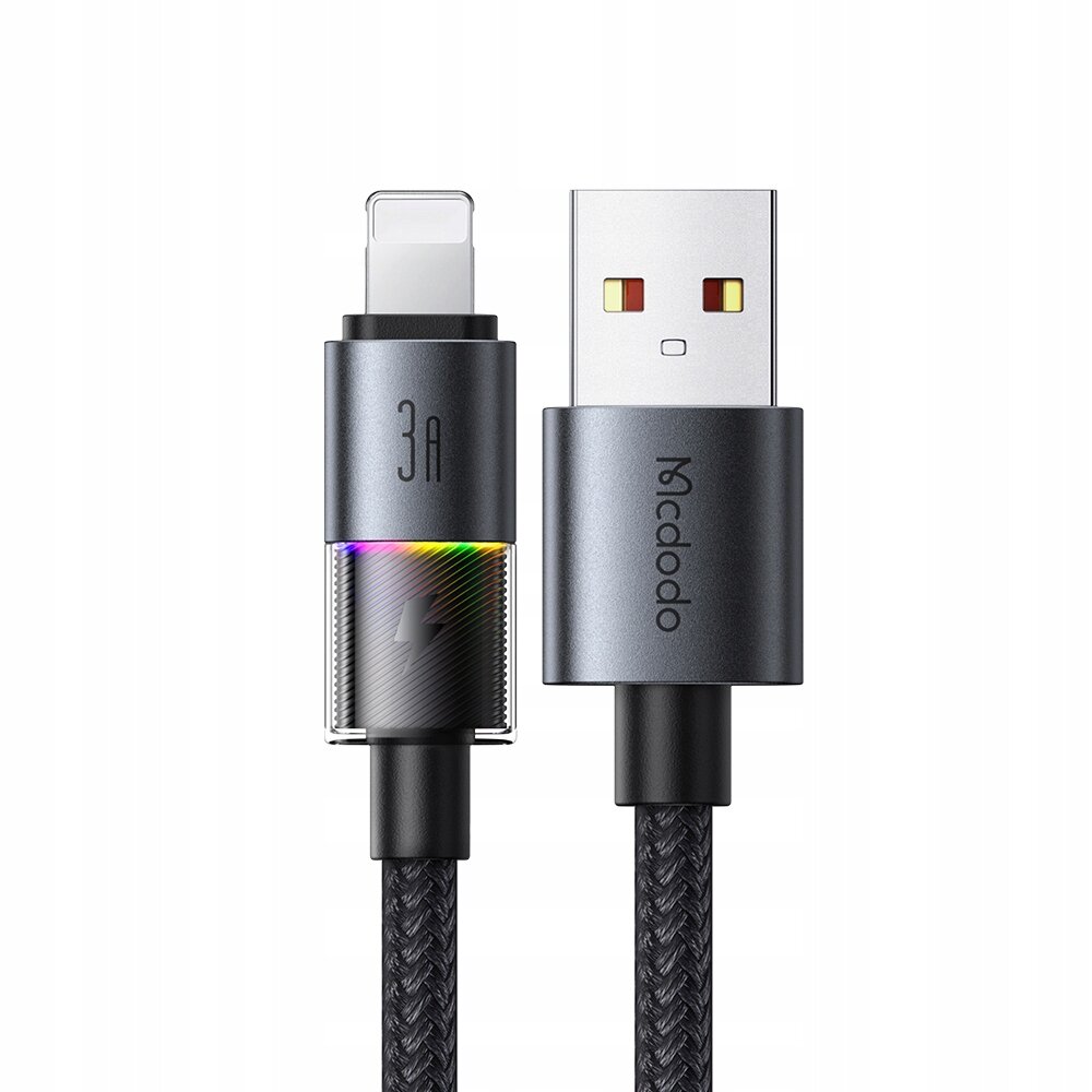 Na obrazie widoczny jest czarny kabel USB z końcówką Lightning, oznaczony jako 3A, z logo Mcdodo na wtyczce USB. Kabel ma plecioną osłonę i metaliczne wykończenia.