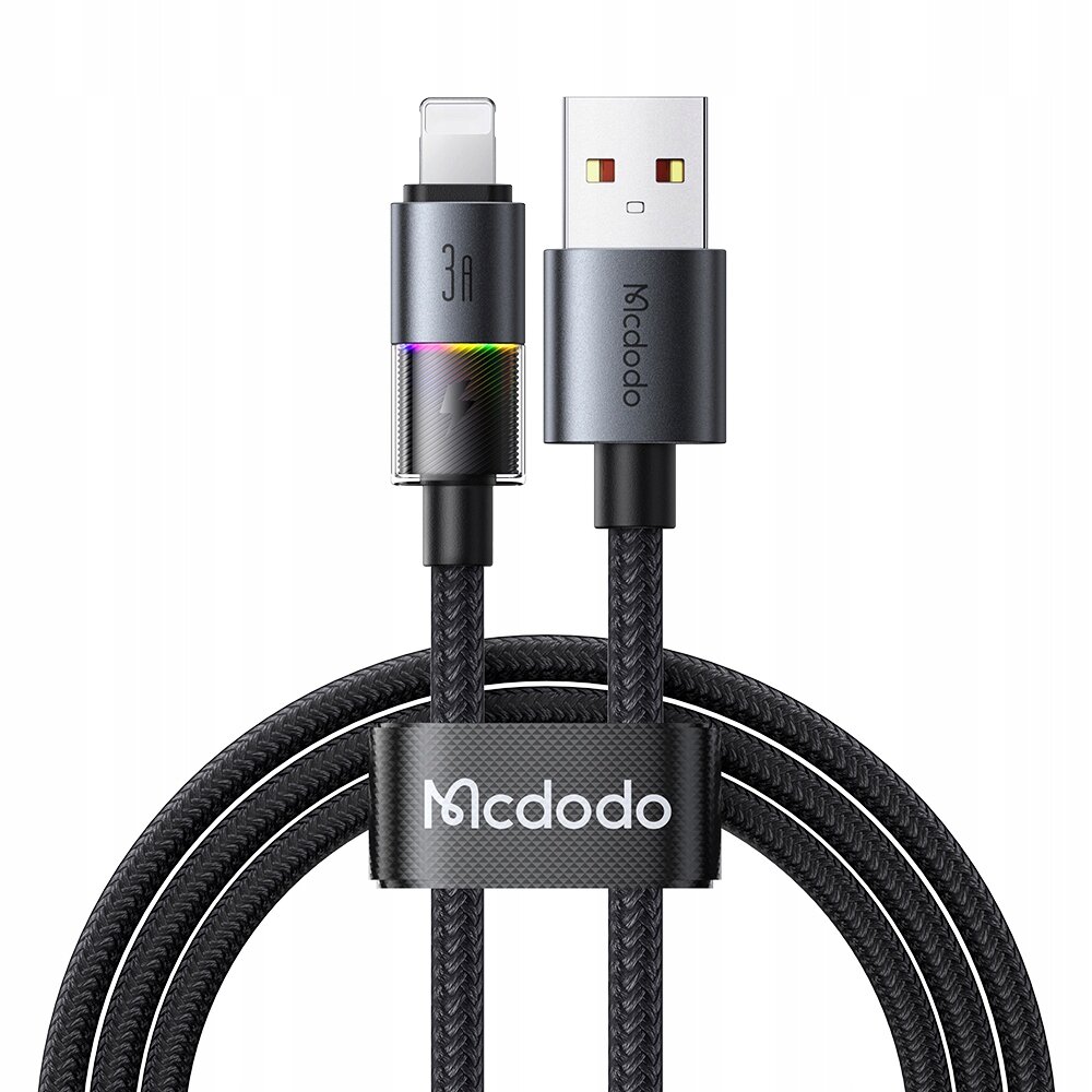 Czarny kabel USB z końcówką Lightning, oznaczony jako 3A, z widocznym logo \'Mcdodo\' na opasce spinającej kabel. Końcówka USB ma dwa czerwone prostokątne elementy i napis \'Mcdodo\'.