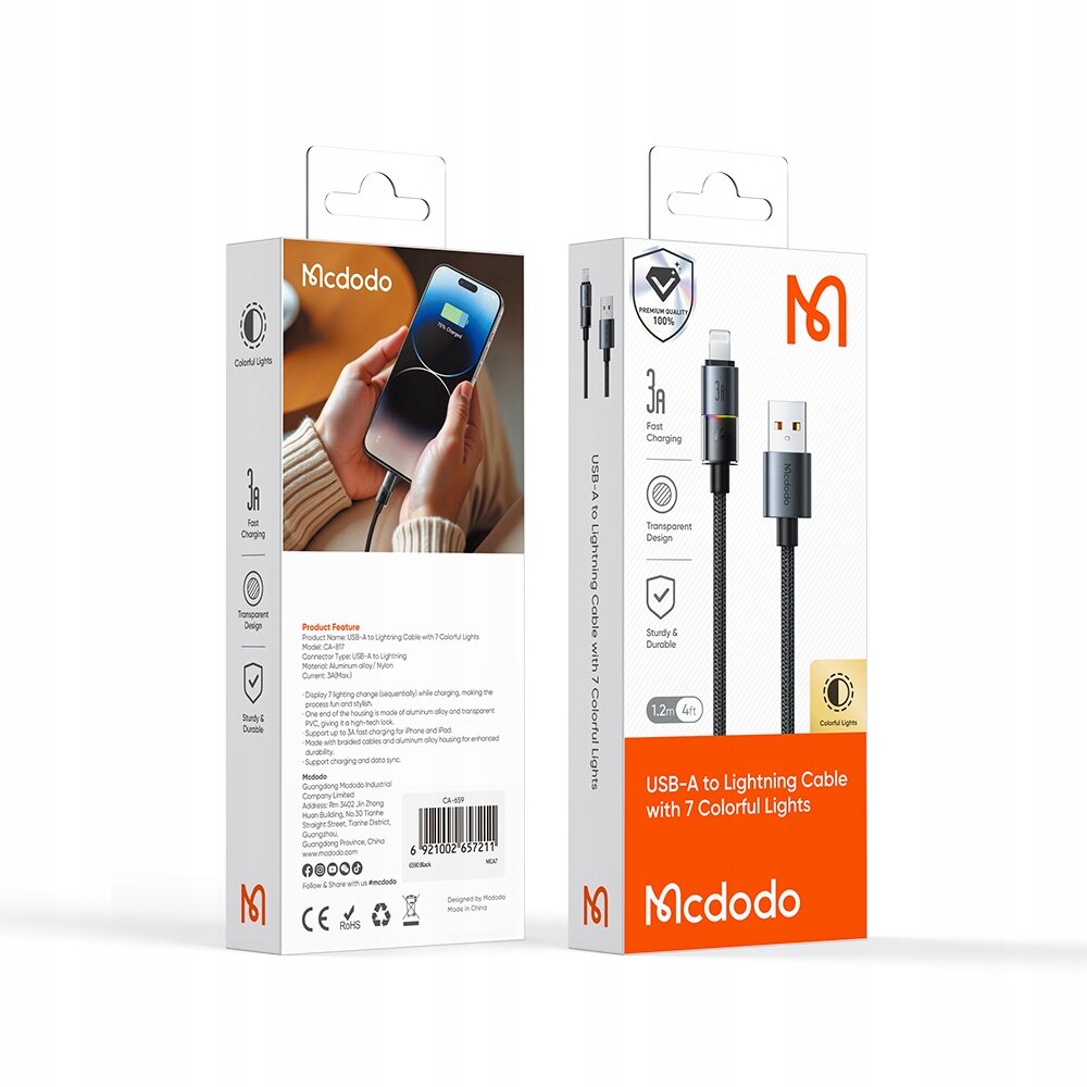 Opakowanie produktu Mcdodo przedstawia kabel USB-A do Lightning z 7 kolorowymi światłami. Na opakowaniu widoczne są informacje o szybkim ładowaniu 3A, przezroczystym designie oraz trwałości kabla.