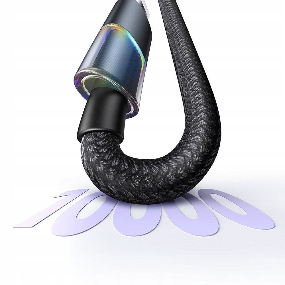 Zbliżenie na czarny kabel USB-C z plecionym oplotem, nad którym widoczny jest napis \'10000\' w kolorze fioletowym.