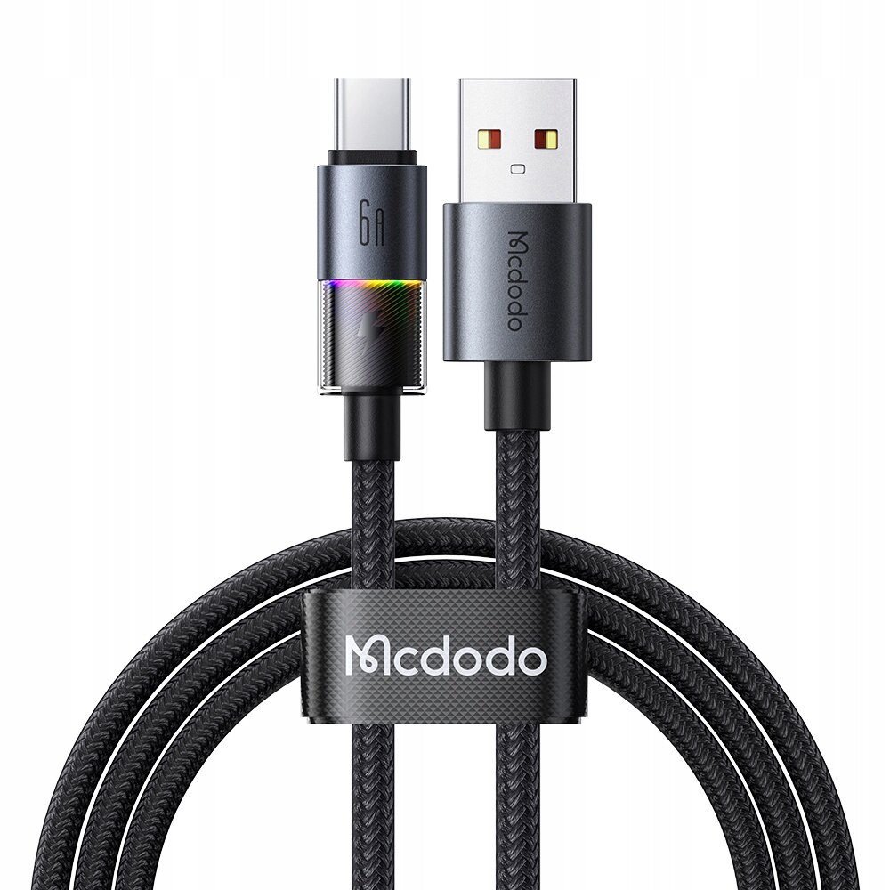 Czarny kabel USB z końcówkami USB-A i USB-C, z oznaczeniem \'6A\' na jednej z końcówek. Na opasce kabla widoczne jest logo \'Mcdodo\'.