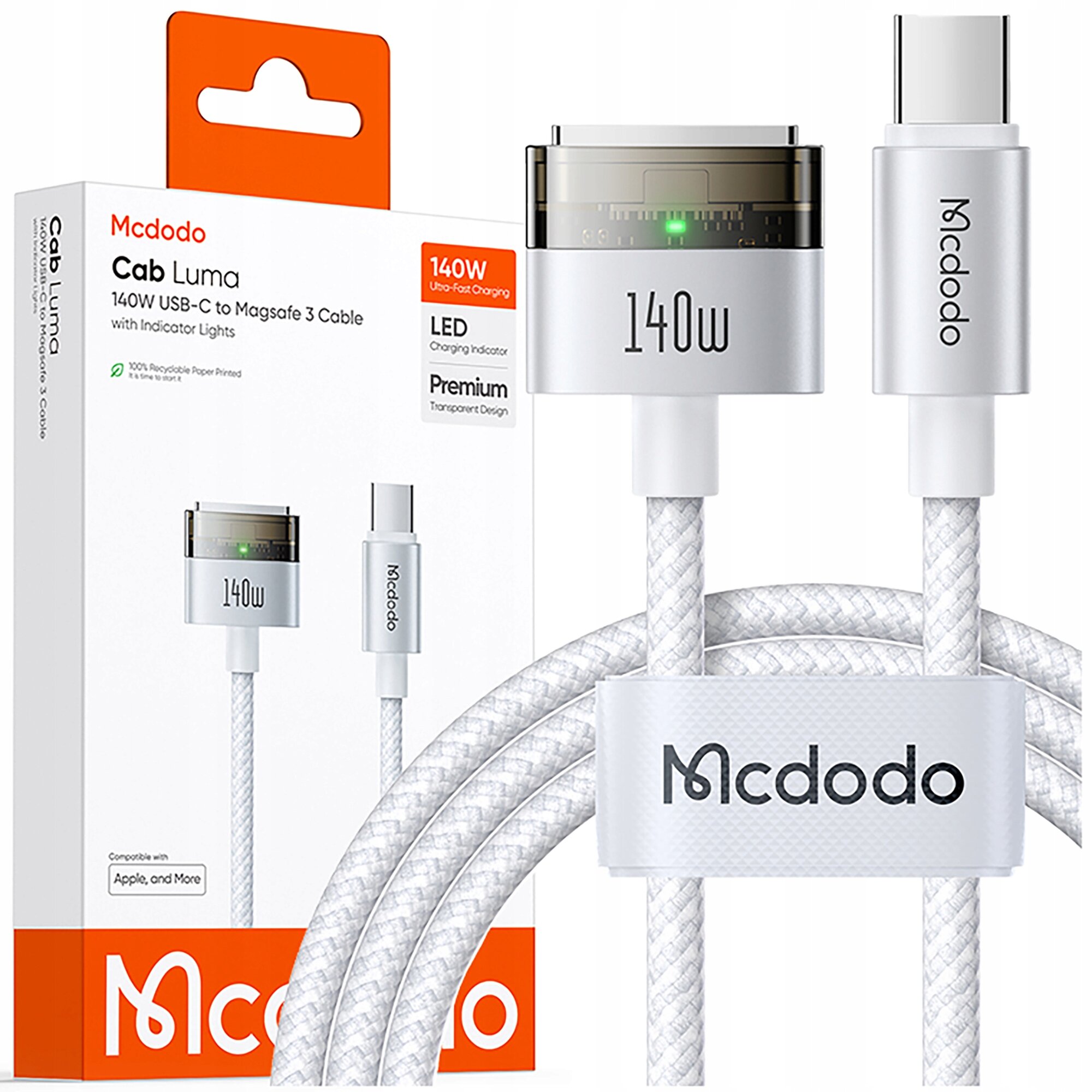 Na obrazie widoczny jest biały kabel USB-C z końcówką Magsafe 3, oznaczony napisem \'140W\' i \'Mcdodo\'. W tle znajduje się opakowanie z logo \'Mcdodo\' i informacjami o produkcie, takimi jak \'140W Ultra-Fast Charging\' i \'LED Charging Indicator\'.