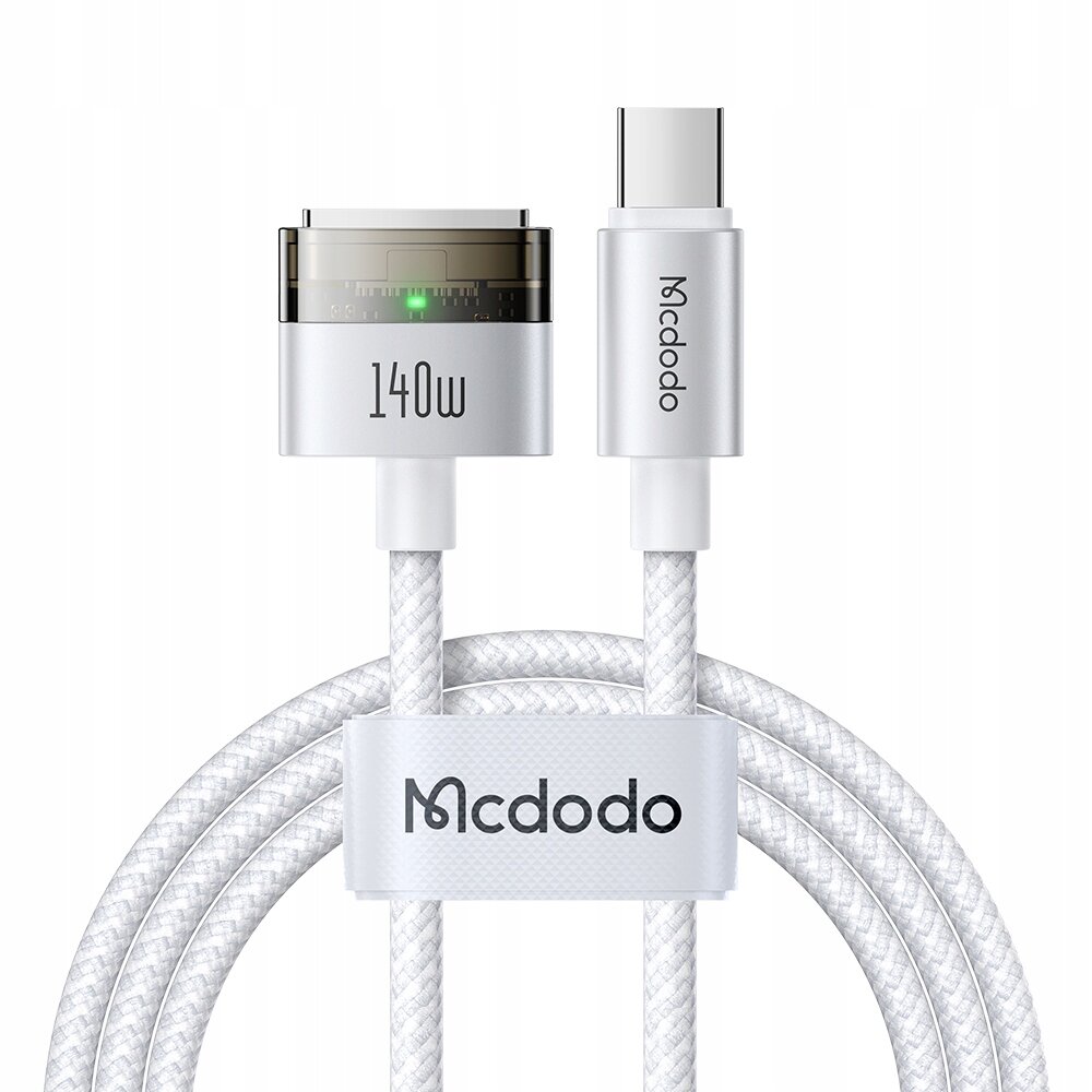Na obrazie widoczny jest biały kabel zasilający z końcówkami USB-C i Magsafe 3, oznaczony napisem \'140W\'. Kabel ma plecioną strukturę i jest opatrzony logo \'Mcdodo\'.