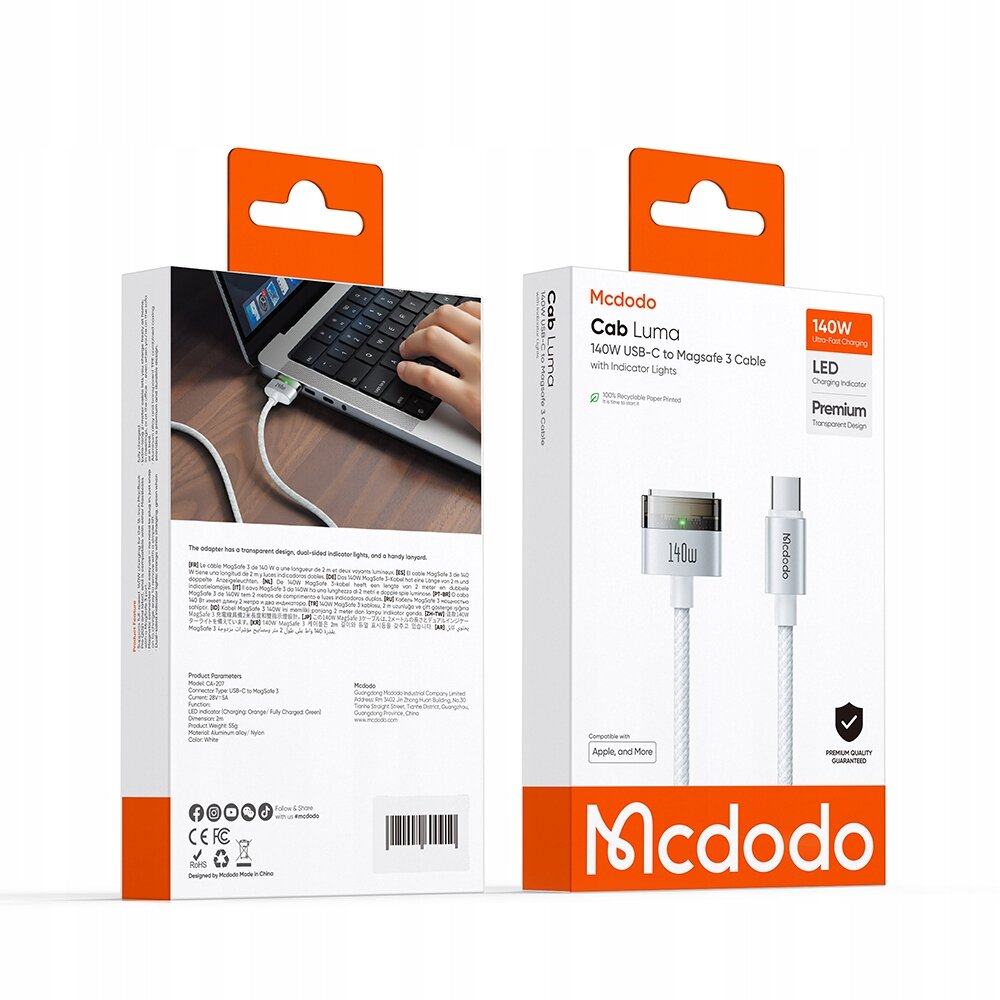Opakowanie produktu Mcdodo Kabel Do Zasilacza Ładowania Macbook Air Pro USB-C Magsafe 3 140W 2M z widocznym kablem i złączem na zdjęciu. Na opakowaniu znajdują się napisy: \'140W USB-C to Magsafe 3 Cable\', \'LED charging indicator\', \'Premium Transparent Design\'.