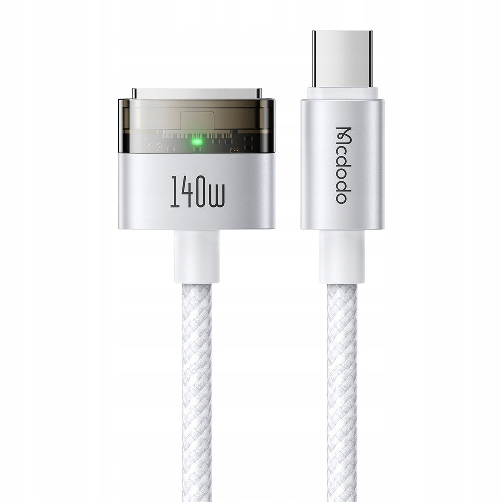 Obraz przedstawia biały kabel z dwoma końcówkami: jedną z napisem \'140W\' i zielonym wskaźnikiem, drugą z logo \'Mcdodo\'. Kabel ma plecioną strukturę.
