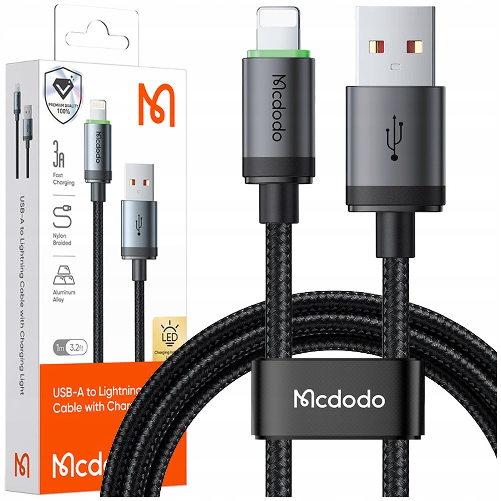 Na obrazie widoczny jest kabel USB-A do Lightning z plecionym nylonowym przewodem i aluminiowymi złączami, obok znajduje się opakowanie z logo Mcdodo. Na opakowaniu widnieje tekst: \'USB-A to Lightning Cable with Charging Light\'.