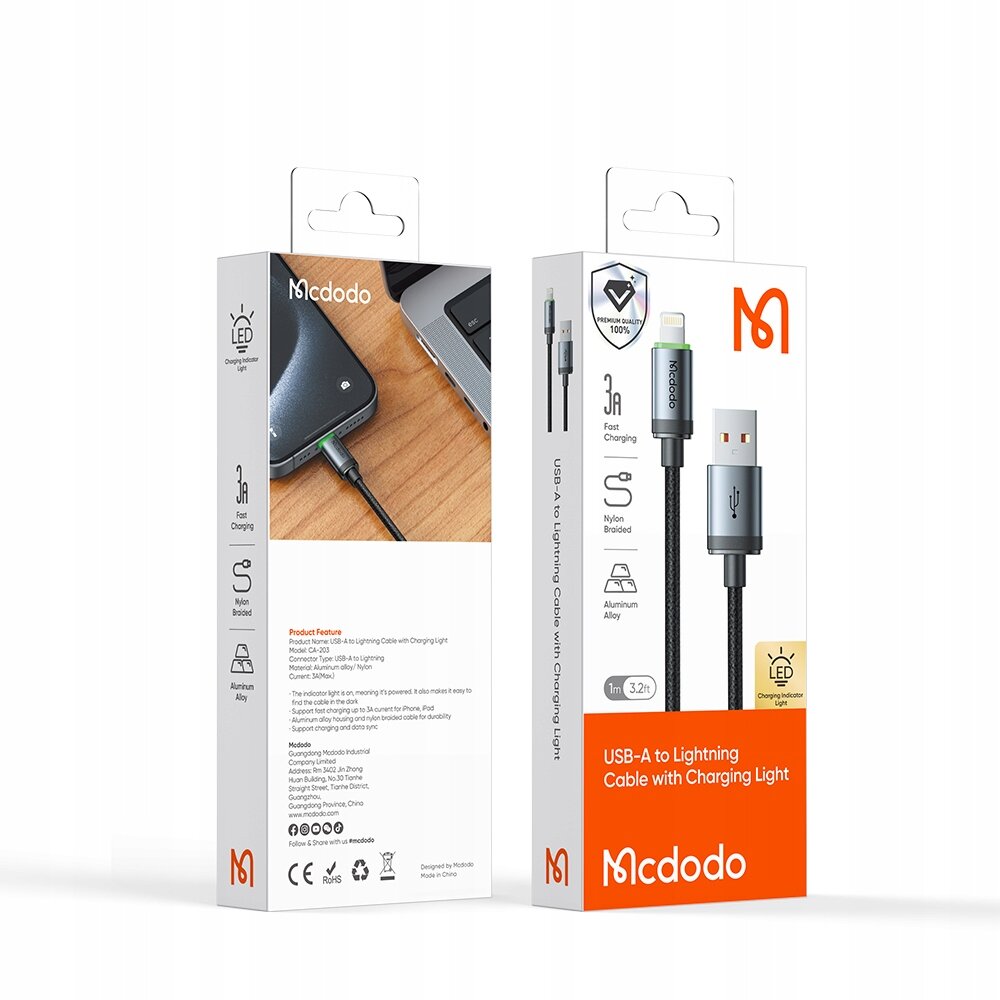 Opakowanie produktu Mcdodo z kablem USB-A do Lightning z funkcją szybkiego ładowania i podświetleniem LED. Na opakowaniu widoczne są informacje o funkcjach, takich jak nylonowy oplot i aluminiowa obudowa.