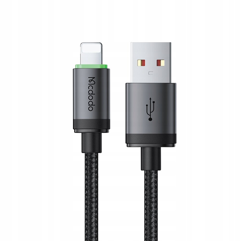 Obraz przedstawia kabel USB z końcówką Lightning oraz standardową końcówką USB. Na obudowie kabla widoczne jest logo \'Mcdodo\'.