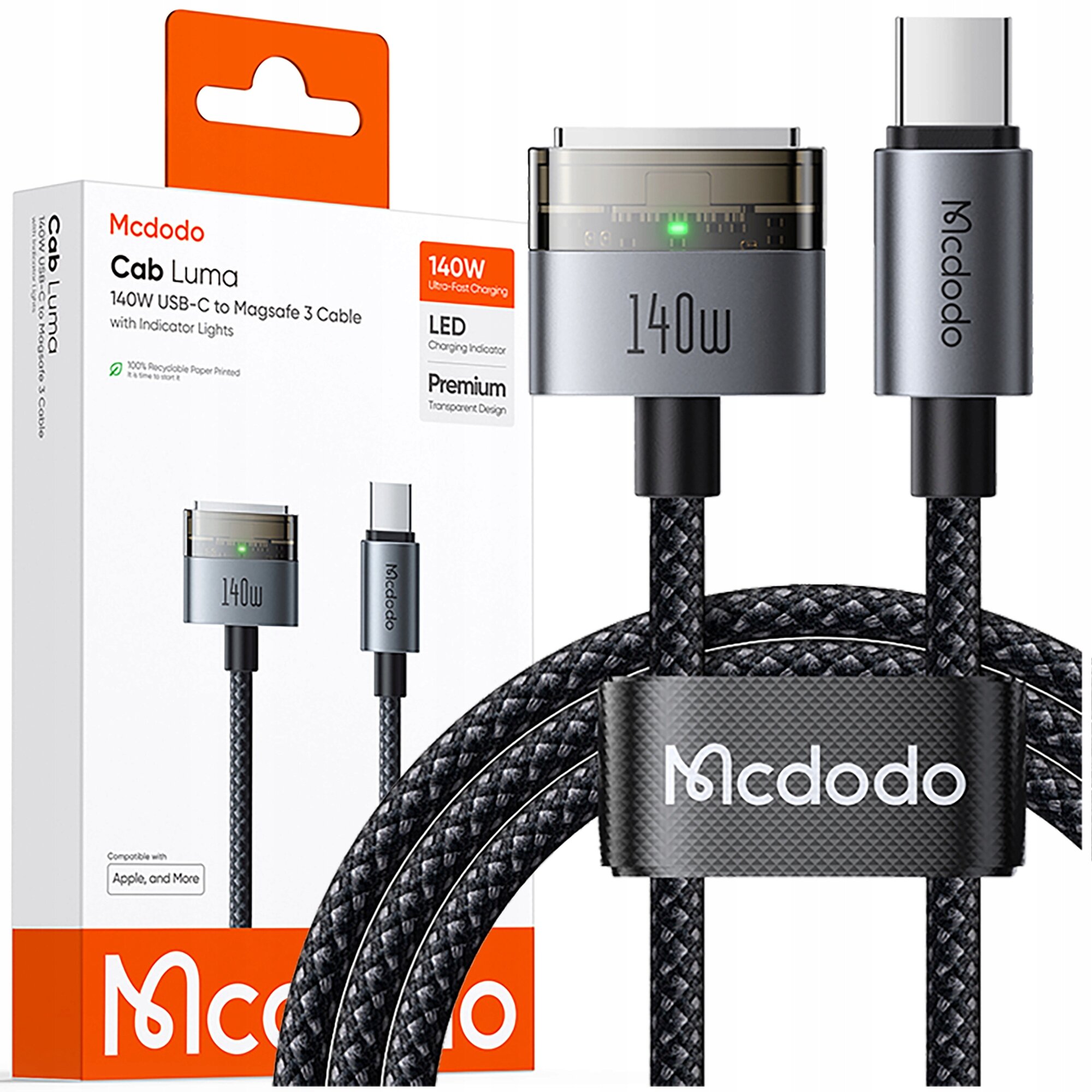 Na obrazie widoczny jest kabel zasilający z końcówkami USB-C i Magsafe 3, oznaczony jako 140W, z plecionym czarnym przewodem. Obok znajduje się opakowanie z napisem \'Mcdodo Cab Luma 140W USB-C to Magsafe 3 Cable with Indicator Lights\'.