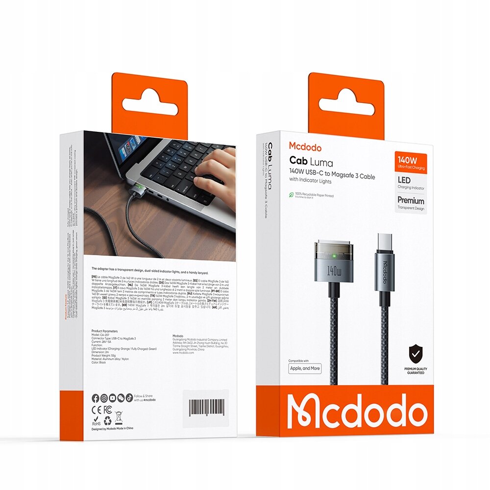 Opakowanie produktu Mcdodo Kabel Do Zasilacza Ładowania Macbook Air Pro USB-C Magsafe 3 140W 2M z widocznym logo Mcdodo. Na opakowaniu znajduje się zdjęcie kabla podłączonego do laptopa oraz informacje o specyfikacji produktu.