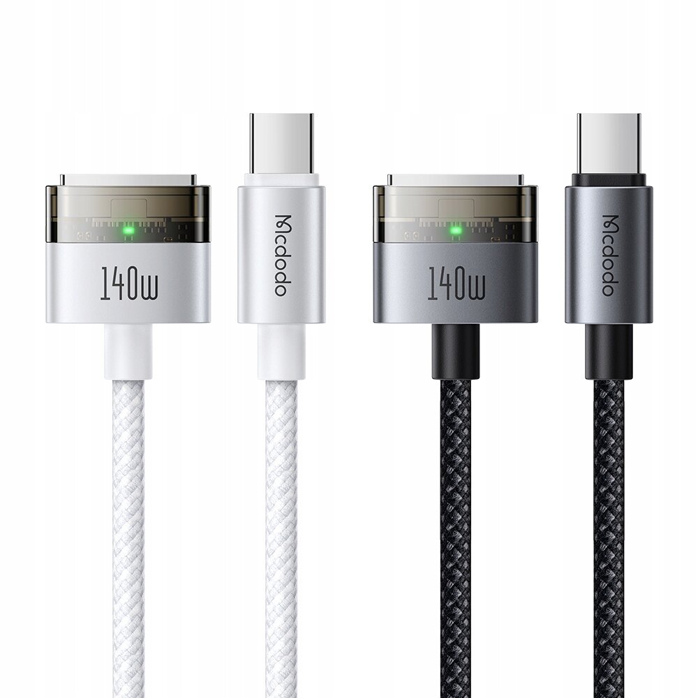Zdjęcie przedstawia dwa kable z końcówkami USB-C i Magsafe 3, z widocznymi napisami \'140w\' oraz \'Mcdodo\' na obudowach wtyczek. Kable mają różne kolory oplotu: biały i czarny.