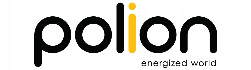 Logo z napisem \'polion\' z literą \'i\' w kolorze żółtym oraz tekstem \'energized world\' poniżej.