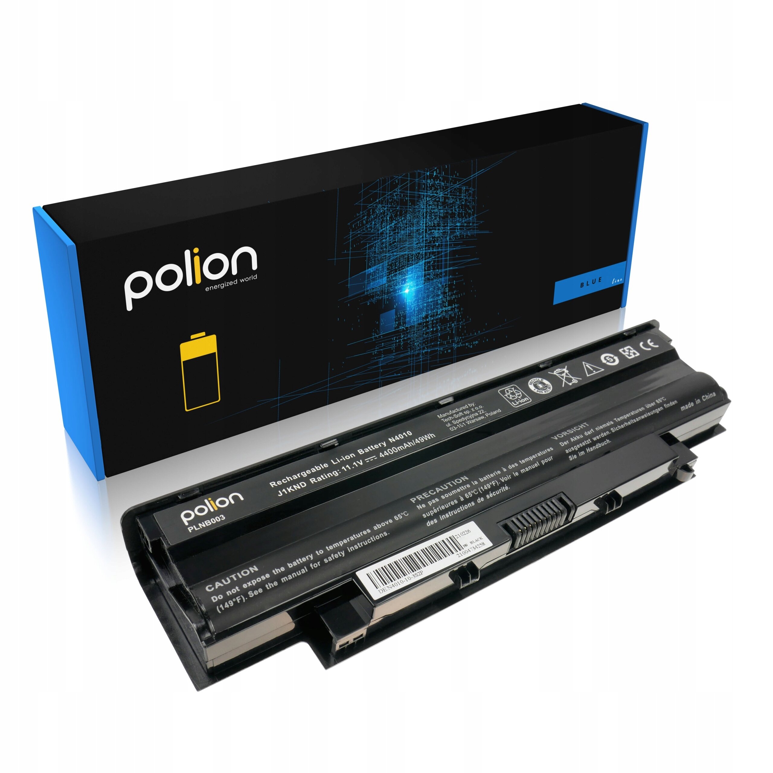 Na obrazie widoczna jest bateria do laptopa z oznaczeniami technicznymi oraz pudełko z logo \'polion\'.