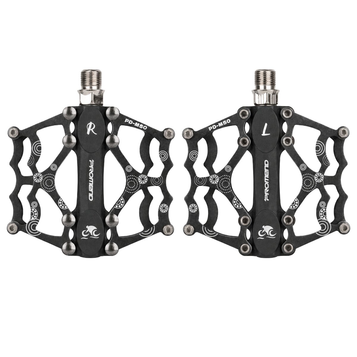 Dwa aluminiowe pedały rowerowe platformowe z pinami, oznaczone literami \'R\' i \'L\'. Na pedałach widoczne są wzory oraz napisy \'PD-M50\' i \'PROMEND\'.