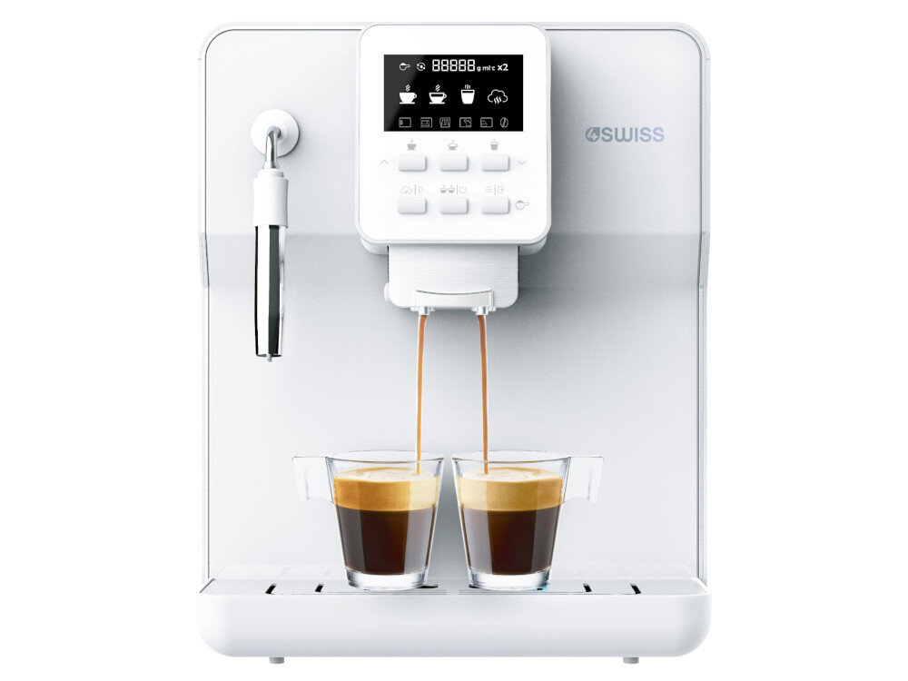 Biały ekspres do kawy z wyświetlaczem i przyciskami, przygotowujący dwa espresso do szklanek. Logo: 4SWISS.