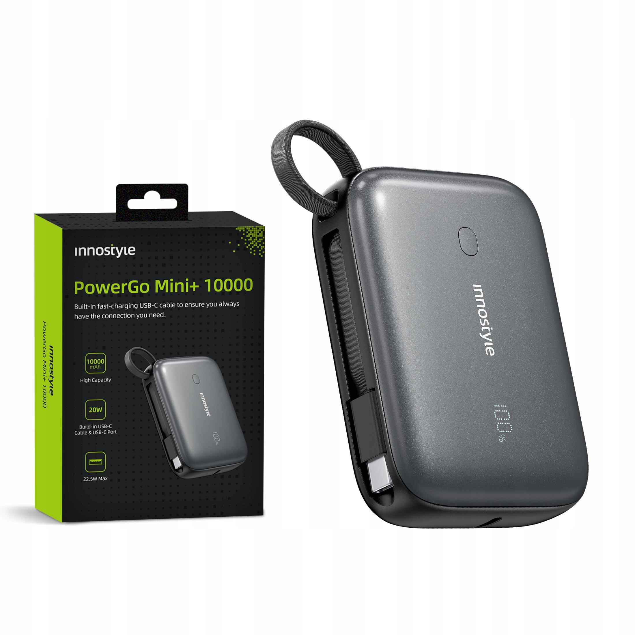 Na obrazie widoczny jest szary powerbank z logo \'innostyle\' oraz opakowanie z napisem \'PowerGo Mini+ 10000\'. Opakowanie zawiera dodatkowe informacje o produkcie, takie jak \'20W\' i \'22.5W Max\'.
