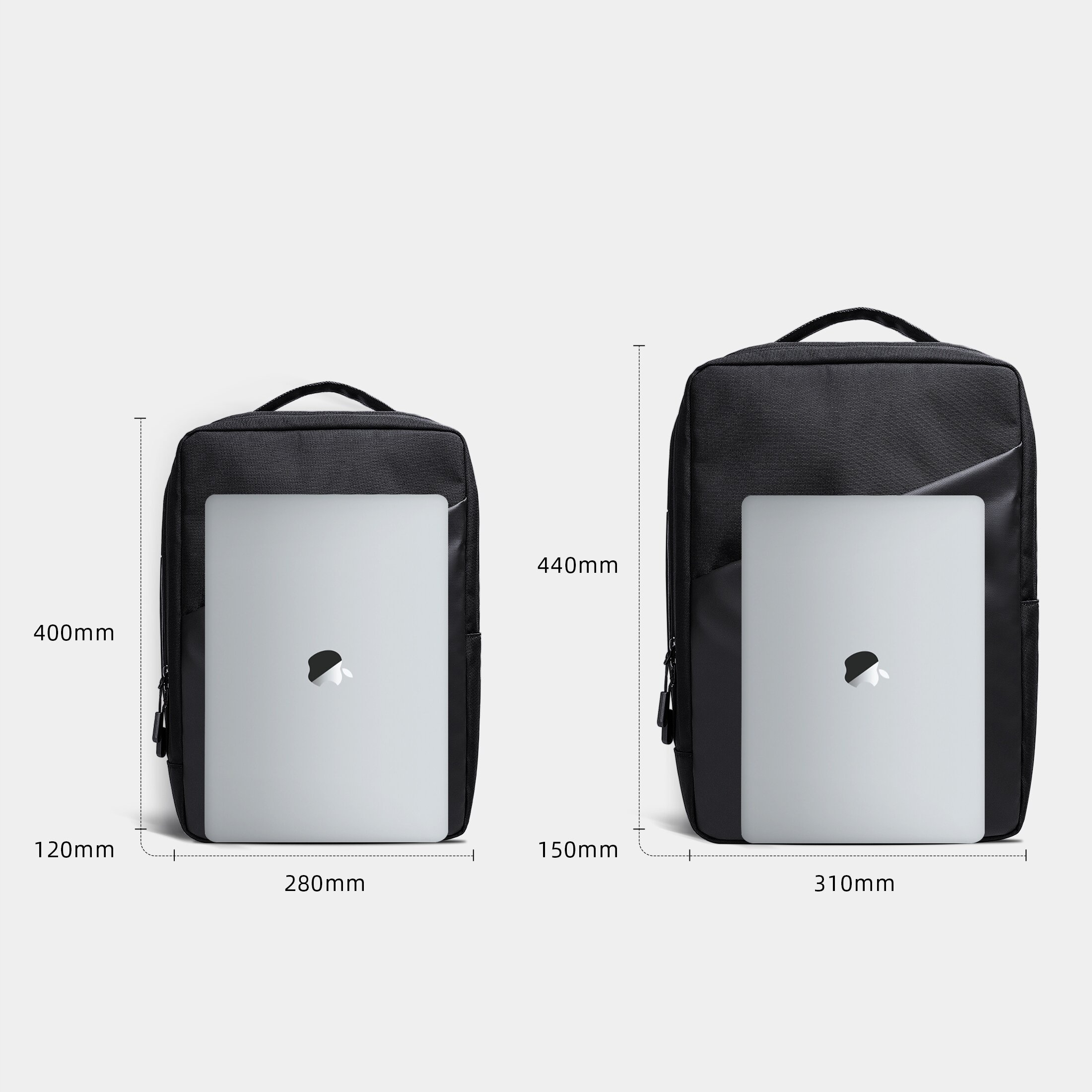 Dwa czarne plecaki na laptopa z przodu, z widocznymi wymiarami: 400mm x 280mm x 120mm oraz 440mm x 310mm x 150mm. Na każdym plecaku znajduje się srebrny laptop z logo w kształcie liścia.