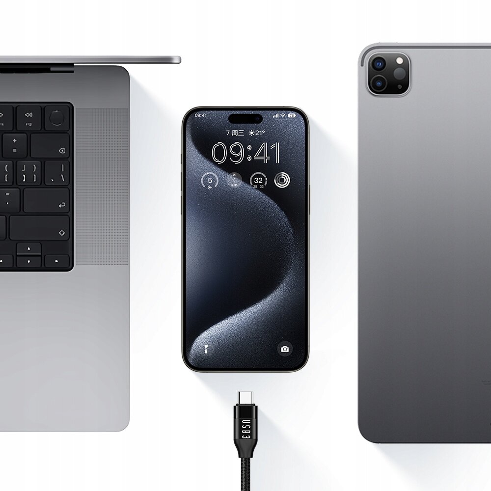 Na obrazie widoczny jest laptop, smartfon oraz tablet, a pomiędzy nimi znajduje się kabel USB-C z napisem \'USB 3\'. Ekran smartfona pokazuje godzinę 09:41 oraz kilka ikon aplikacji.