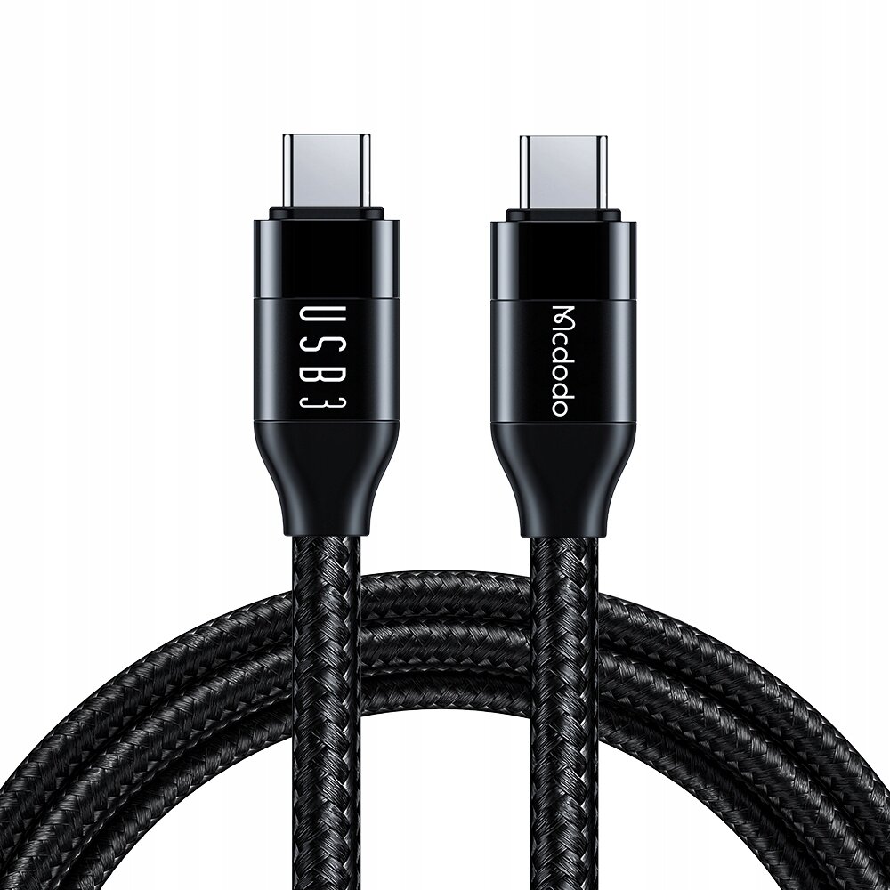 Na obrazie widoczny jest czarny kabel USB-C z plecionym oplotem. Na końcówkach znajdują się napisy \'USB 3\' i \'Mcdodo\'.