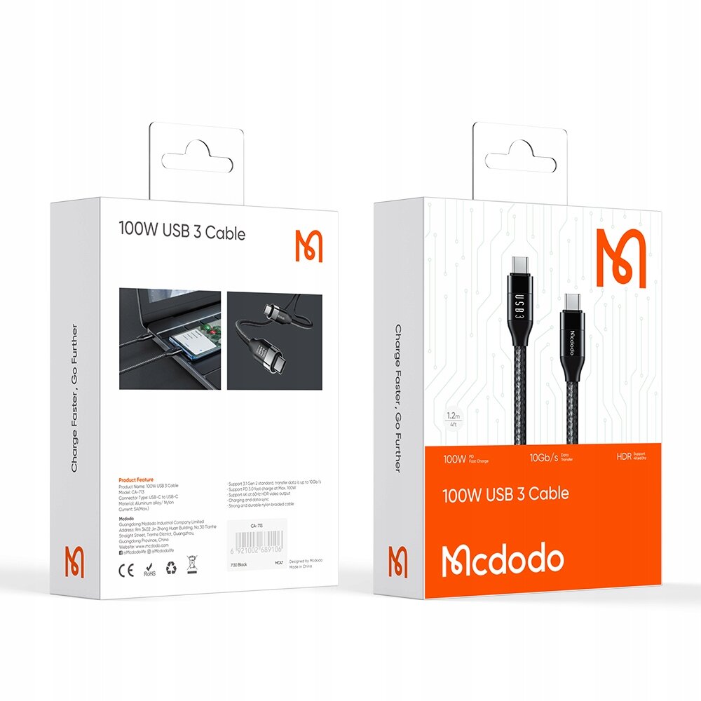 Na obrazie widoczne są dwa opakowania kabla USB-C marki Mcdodo o mocy 100W. Na opakowaniach znajdują się zdjęcia kabla oraz informacje takie jak \'100W USB 3 Cable\', \'10Gb/s\', \'HDR\', a także logo Mcdodo.