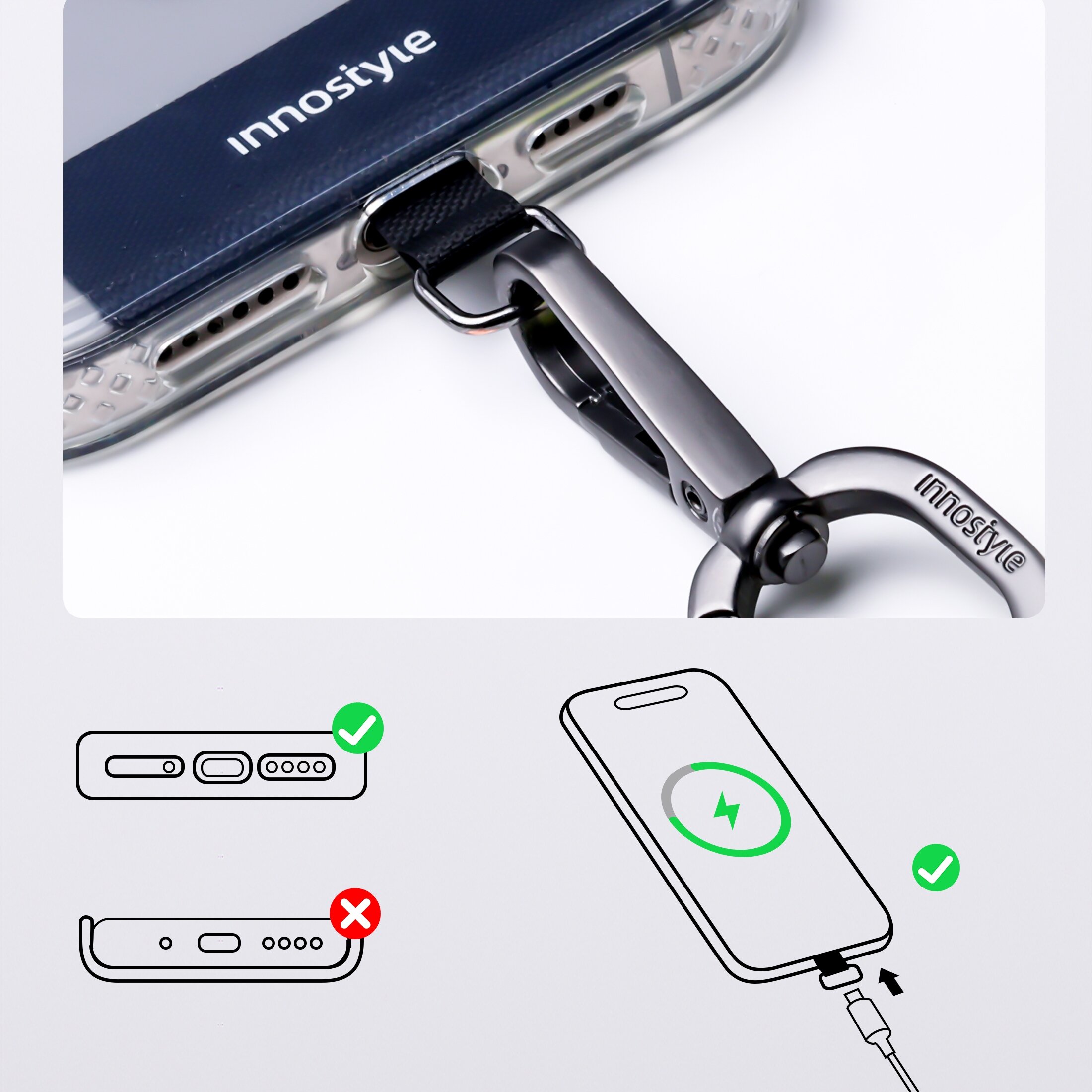 Zdjęcie przedstawia smycz do telefonu z napisem \'innostyle\' na metalowym karabińczyku oraz na etui telefonu. Obok znajdują się ilustracje pokazujące prawidłowe i nieprawidłowe sposoby podłączenia telefonu do ładowania, z zielonymi i czerwonymi symbolami zaznaczającymi poprawność.