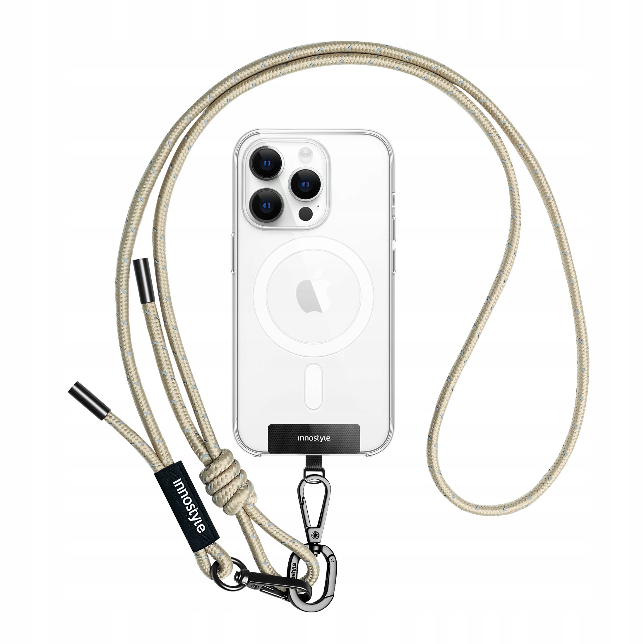 Smycz do telefonu w kolorze khaki z metalowymi elementami i karabińczykiem, z widocznym napisem \'innostyle\' na etykiecie.