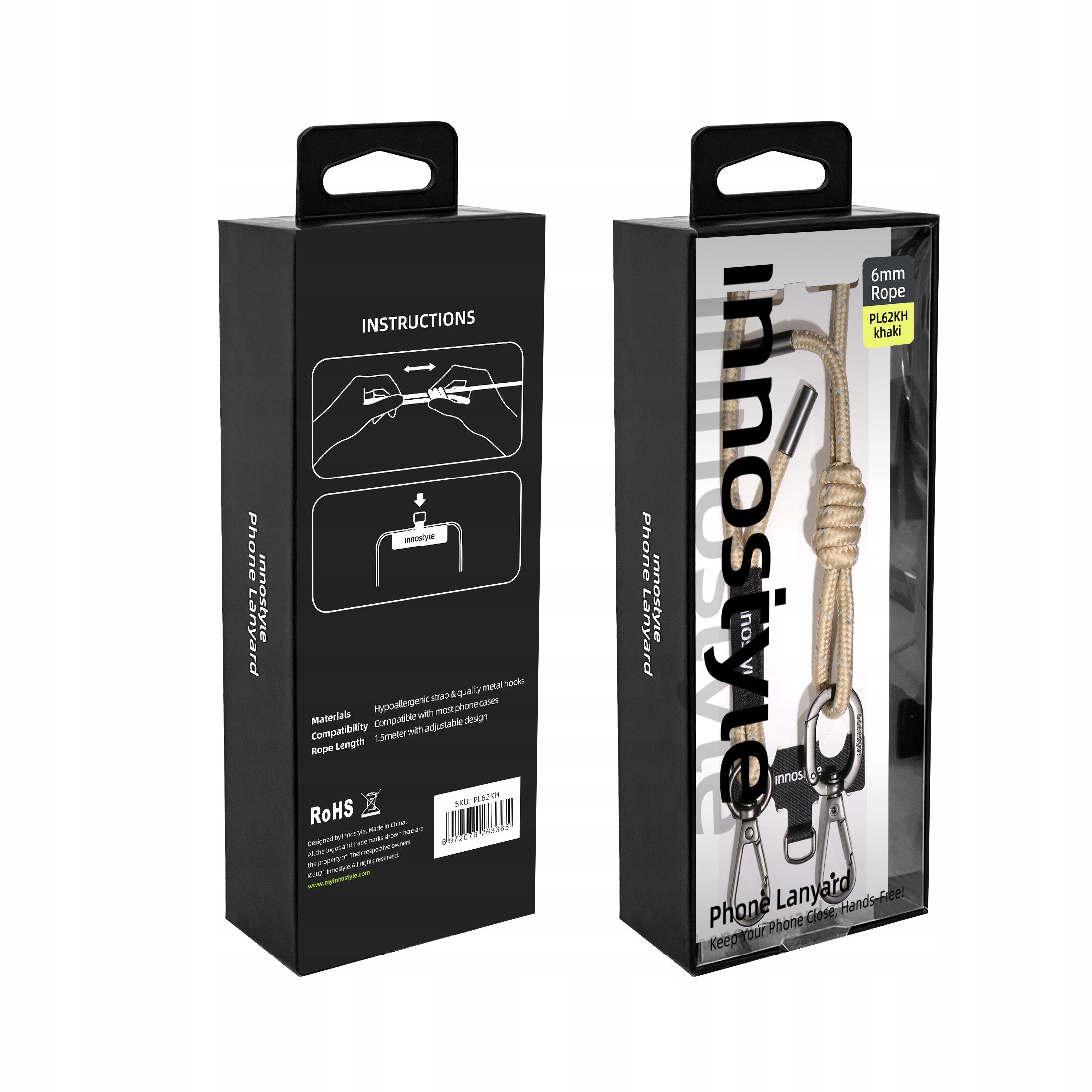 Opakowanie produktu Innostyle Phone Lanyard z widoczną smyczą w kolorze khaki o grubości 6 mm. Na odwrocie znajdują się instrukcje montażu oraz informacje o materiałach i kompatybilności.