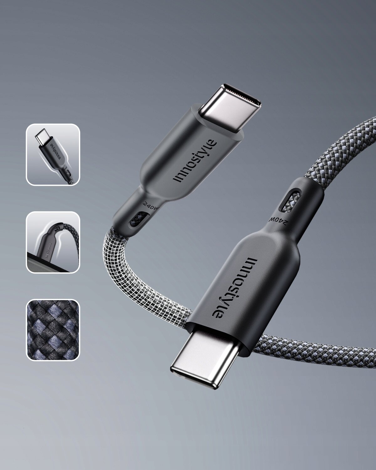 Obraz przedstawia kabel USB-C z plecionym oplotem i metalowymi końcówkami, na których widnieje napis \'innostyle\'. W tle znajdują się trzy małe zdjęcia pokazujące szczegóły kabla, takie jak złącze, oplot i elastyczność.