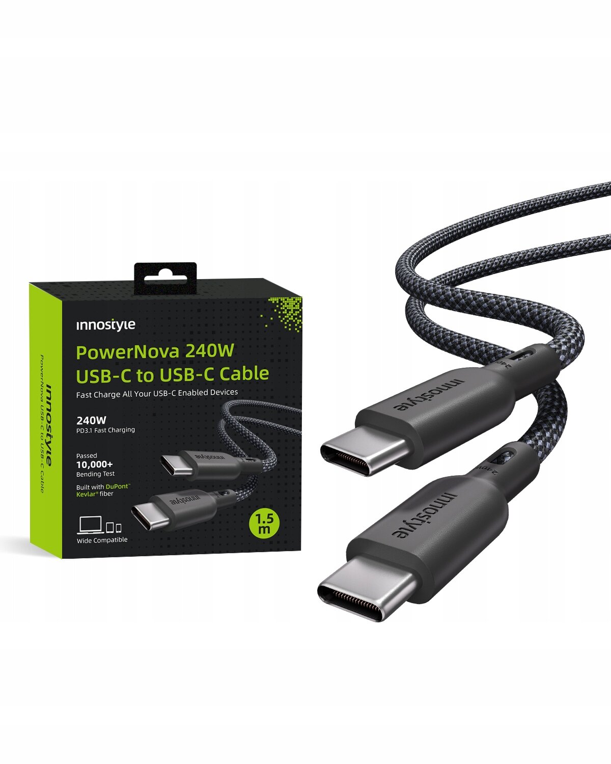Na obrazie widoczny jest kabel USB-C z plecionym oplotem oraz opakowanie z napisem \'innostyle PowerNova 240W USB-C to USB-C Cable\'.
