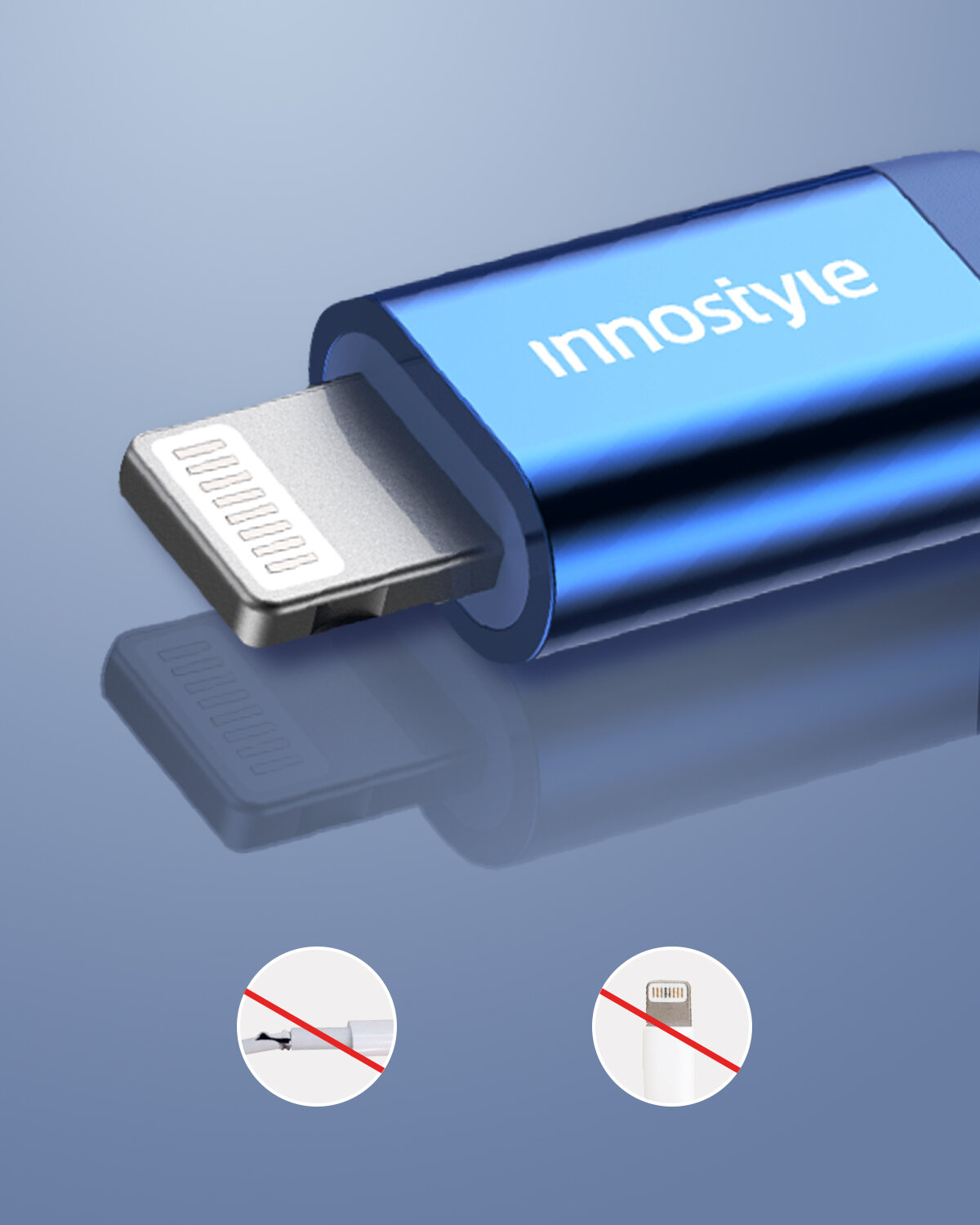 Na obrazie widoczny jest niebieski kabel z końcówką Lightning, na którym znajduje się napis \'innostyle\'. Poniżej znajdują się dwa okrągłe symbole z przekreślonymi grafikami kabli.