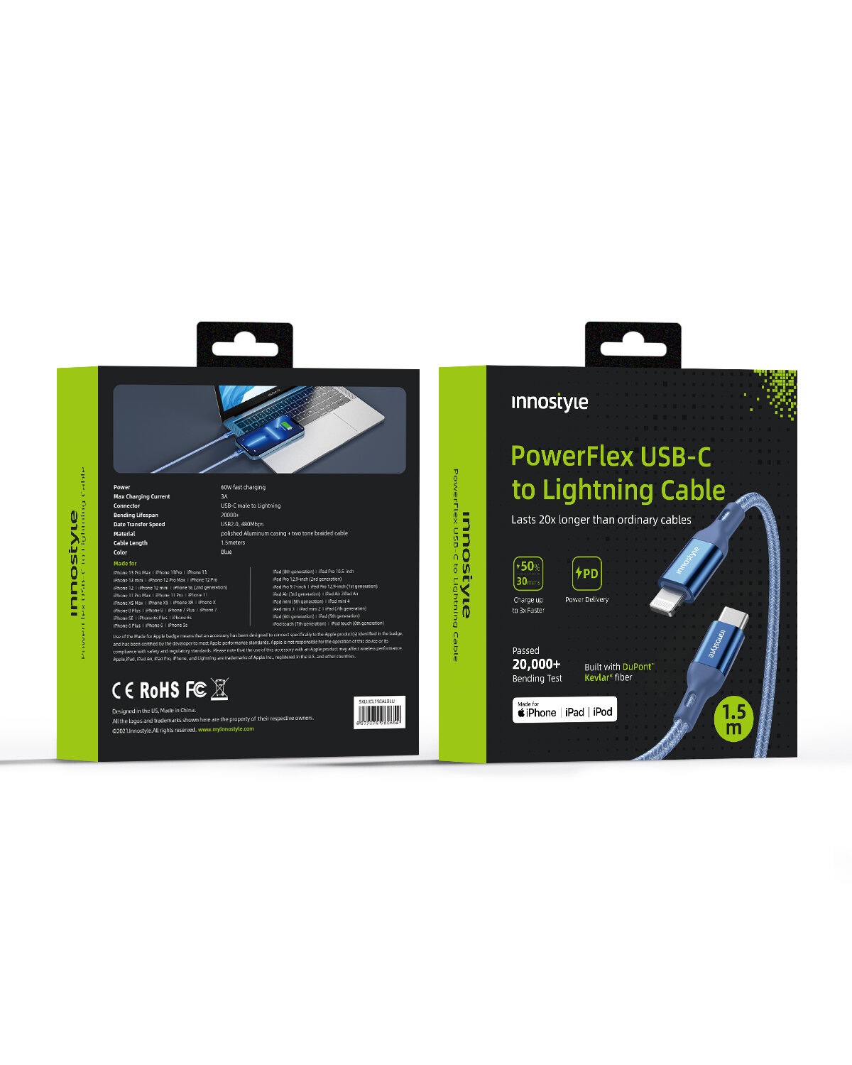 Opakowanie kabla Innostyle PowerFlex USB-C do Lightning, z przodu widoczny jest kabel w kolorze niebieskim oraz informacje o jego wytrzymałości i kompatybilności z iPhone, iPad, iPod. Na odwrocie opakowania znajduje się zdjęcie kabla podłączonego do laptopa oraz szczegółowe specyfikacje techniczne.