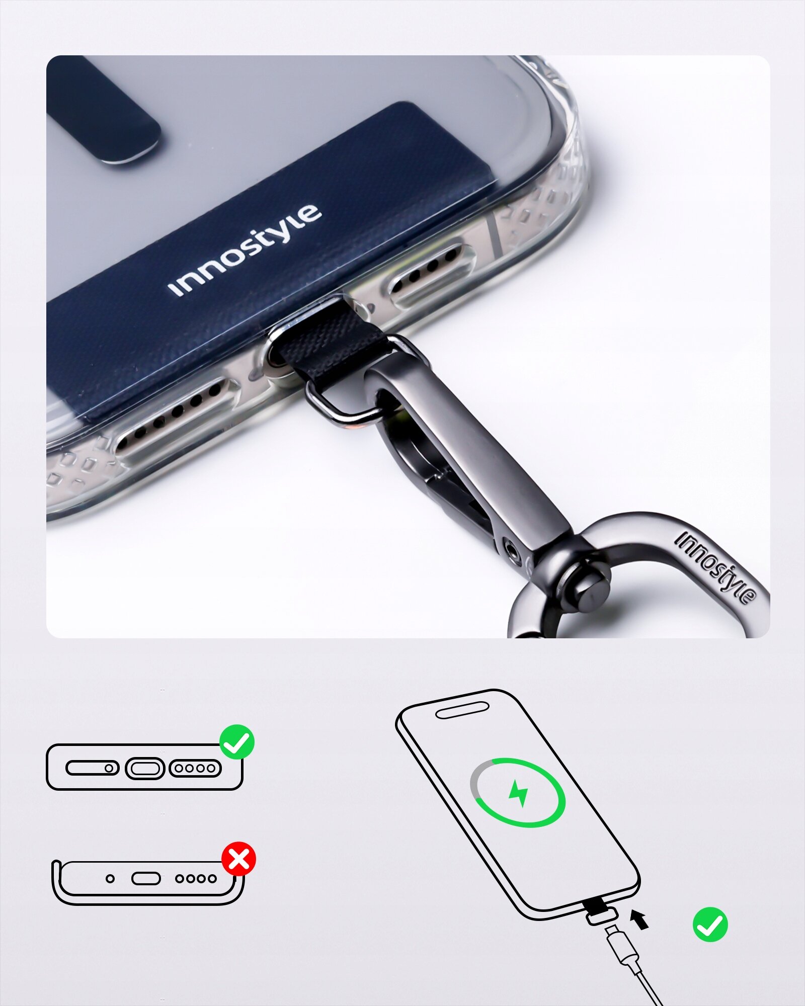 Zdjęcie przedstawia telefon z przypiętą smyczą na szyję, z widocznym napisem \'innostyle\' na etui oraz na metalowym zapięciu. Obok znajduje się ilustracja pokazująca poprawne i niepoprawne sposoby podłączenia kabla do telefonu oraz symbol ładowania.