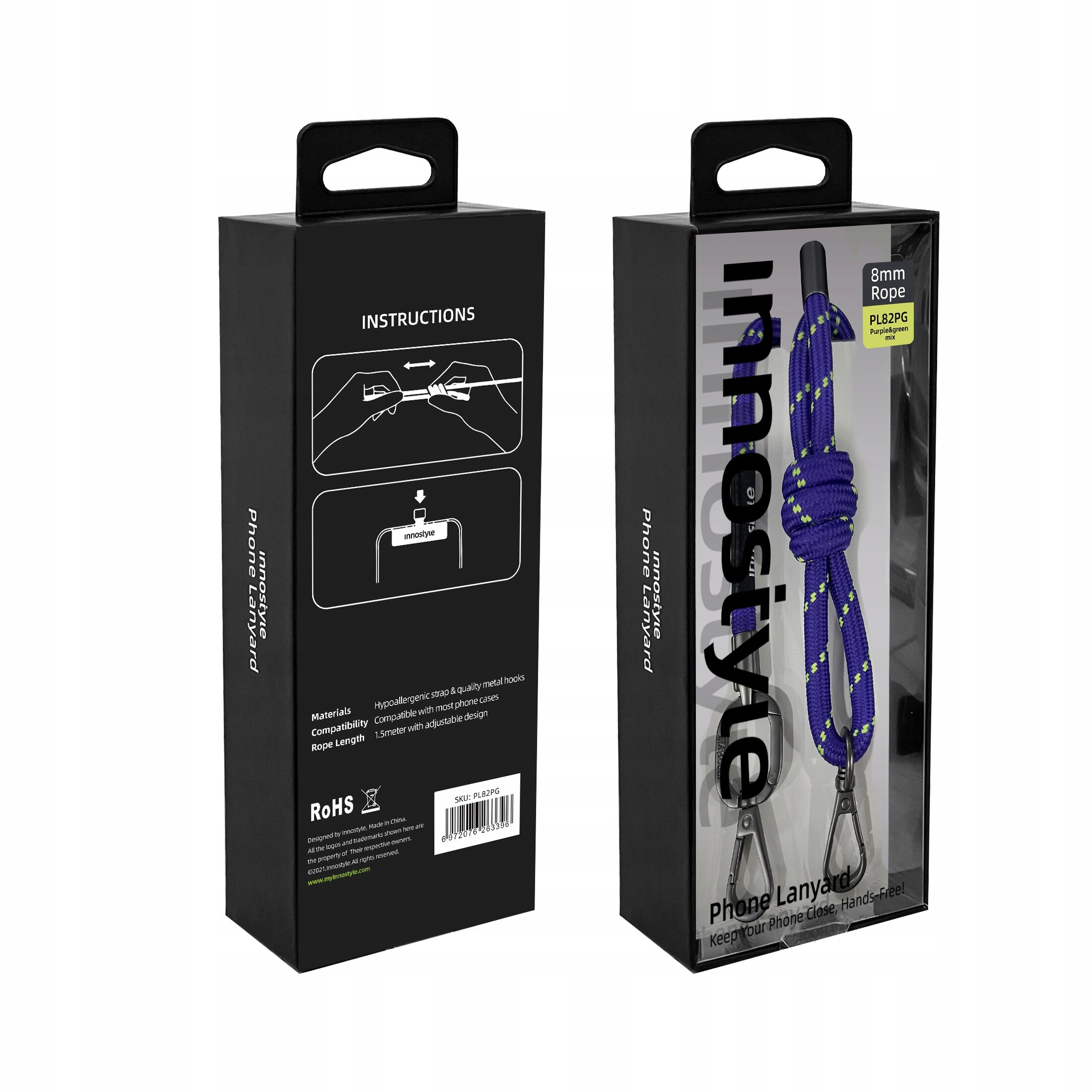 Opakowanie produktu Innostyle Phone Lanyard z fioletową smyczą o grubości 8 mm widoczną przez przezroczystą część. Na odwrocie znajdują się instrukcje montażu oraz informacje o materiałach i zgodności z urządzeniami.