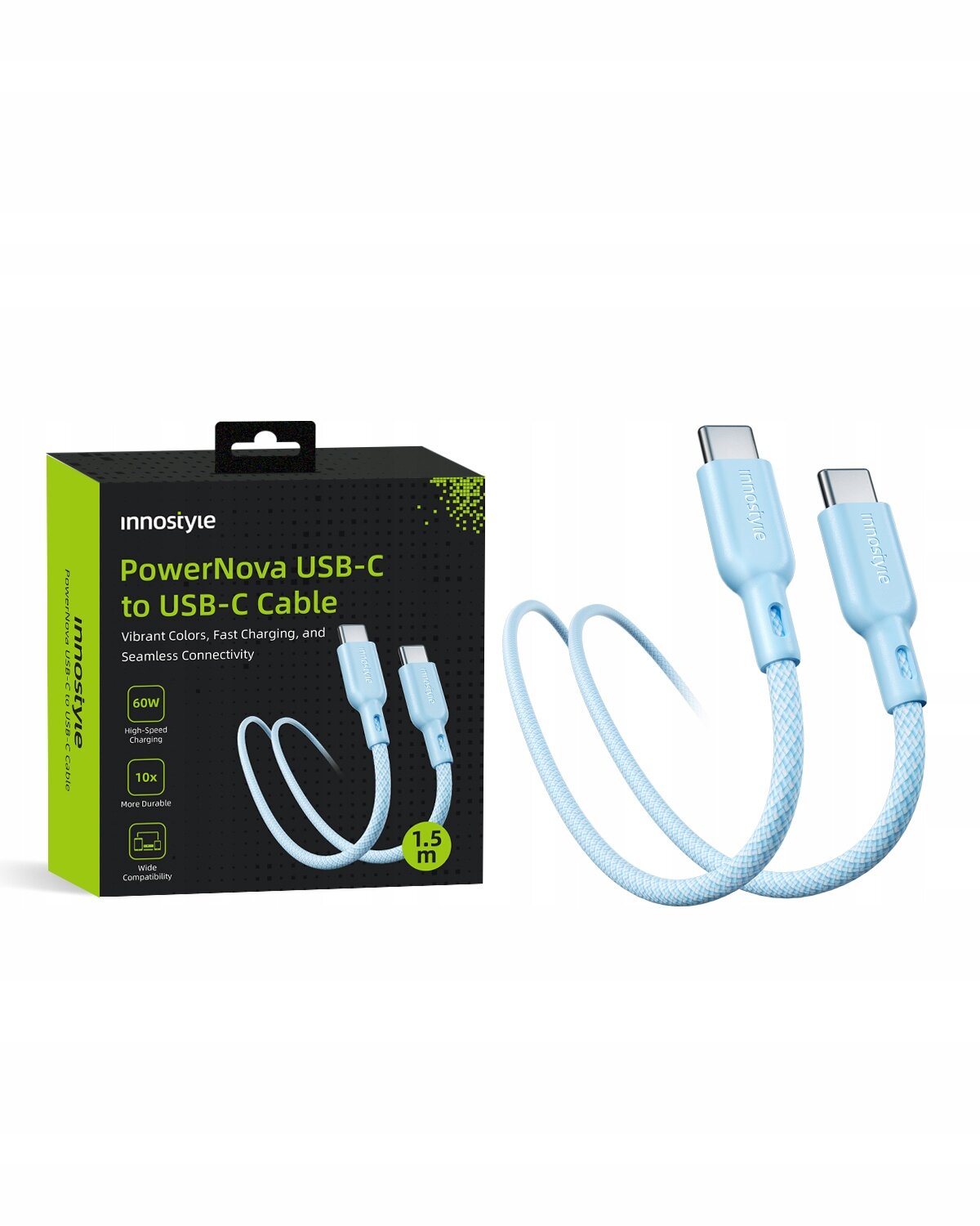 Na obrazie znajduje się niebieski kabel USB-C oraz opakowanie z napisem \'Innostyle PowerNova USB-C to USB-C Cable\'. Opakowanie zawiera informacje o szybkim ładowaniu 60W i długości 1,5 m.