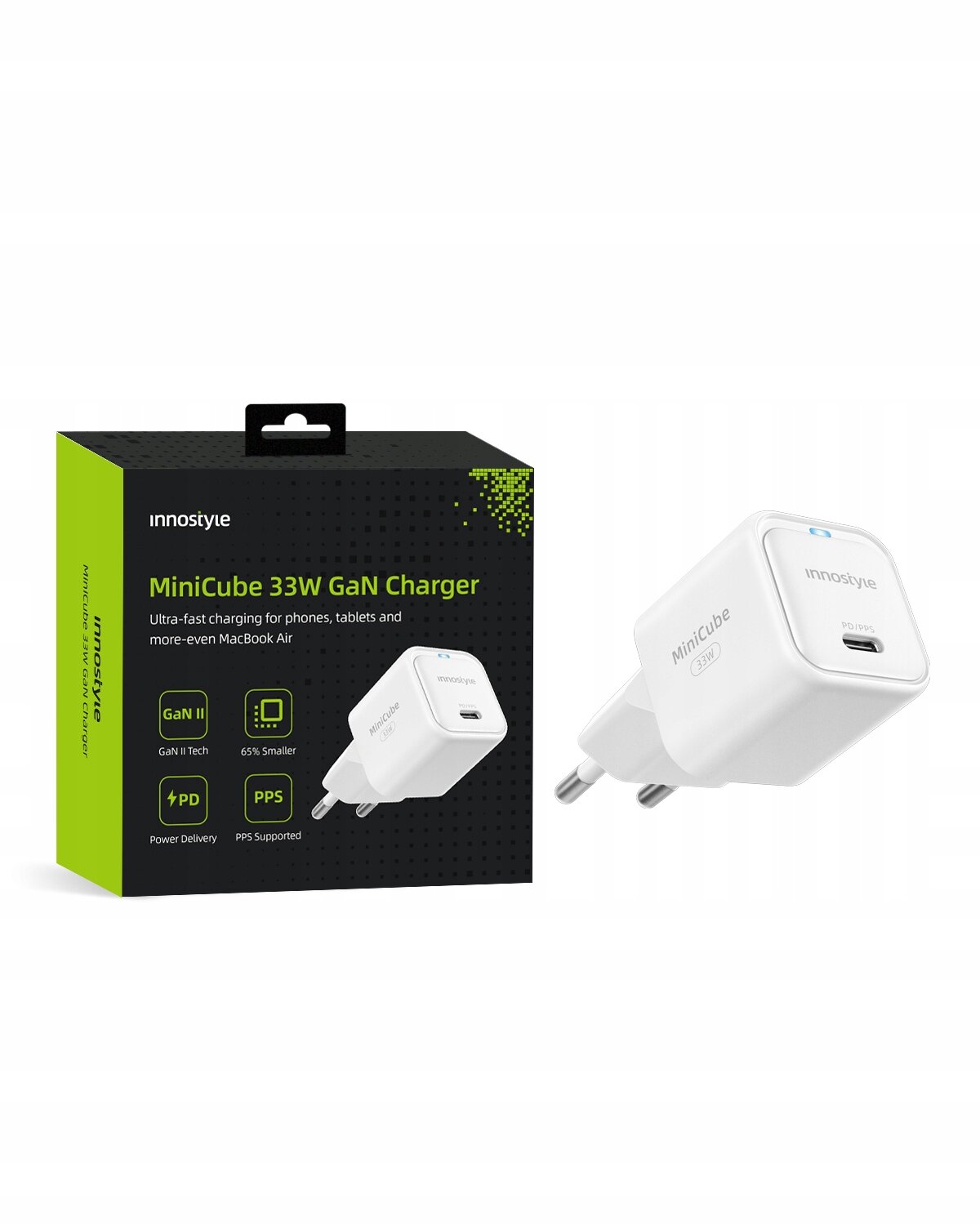 Na obrazie znajduje się opakowanie i biała ładowarka USB-C o mocy 33W marki Innostyle. Na opakowaniu widnieje napis \'MiniCube 33W GaN Charger\' oraz informacje o technologii GaN II i wsparciu dla PPS.