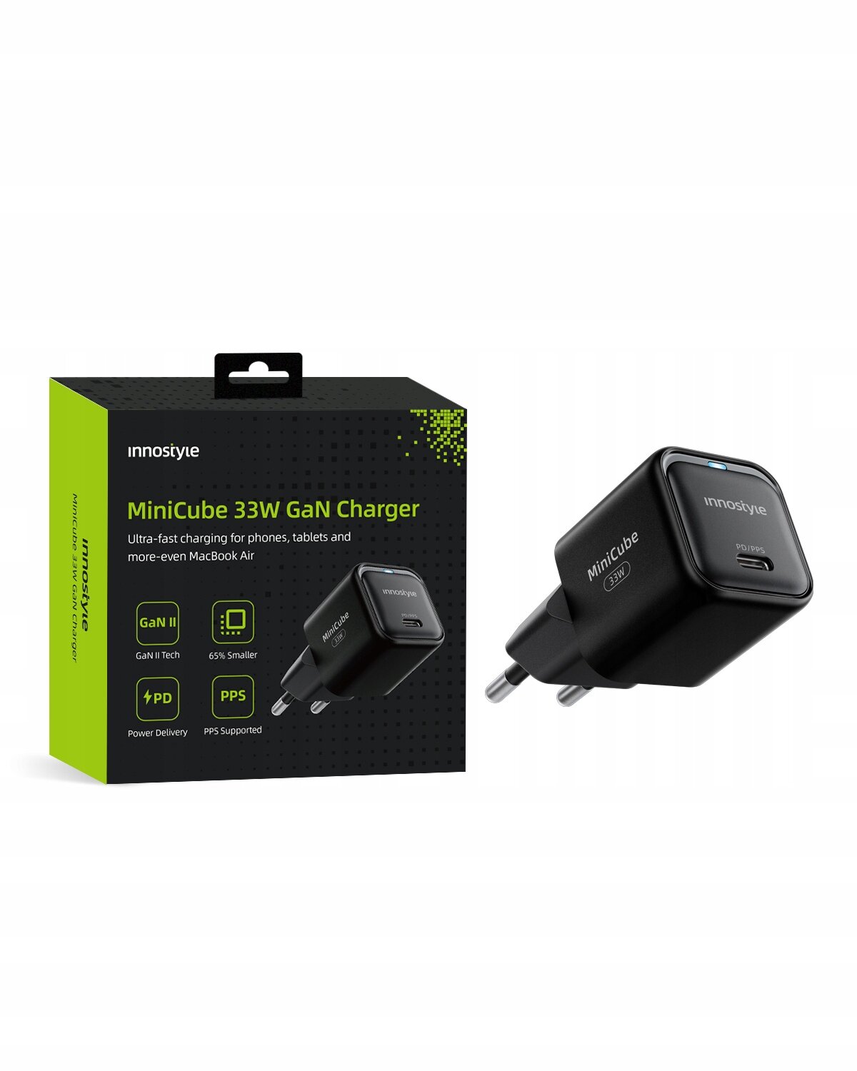 Na obrazie widoczna jest czarna ładowarka USB-C z napisem \'MiniCube 33W GaN\' oraz opakowanie z logo \'innostyle\' i tekstem \'MiniCube 33W GaN Charger\'.