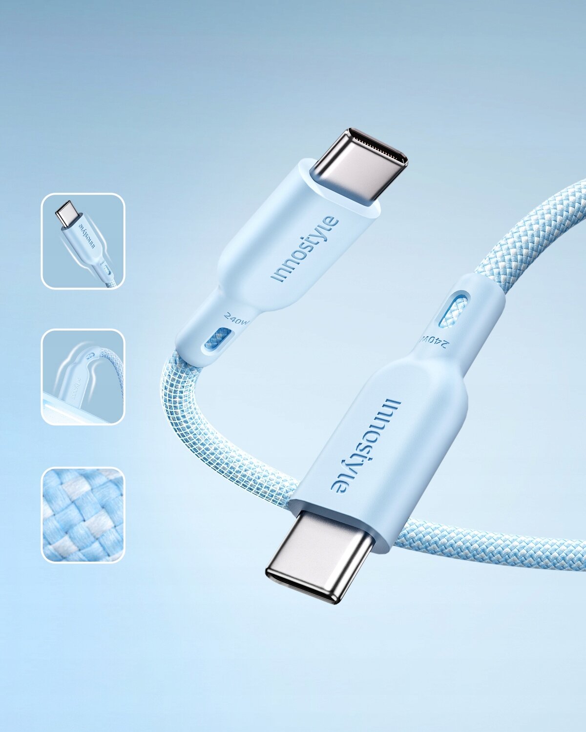 Na obrazie widoczny jest niebieski kabel USB-C z napisem \'innostyle\' na wtyczce. Kabel ma plecioną strukturę i oznaczenie \'240W\'.