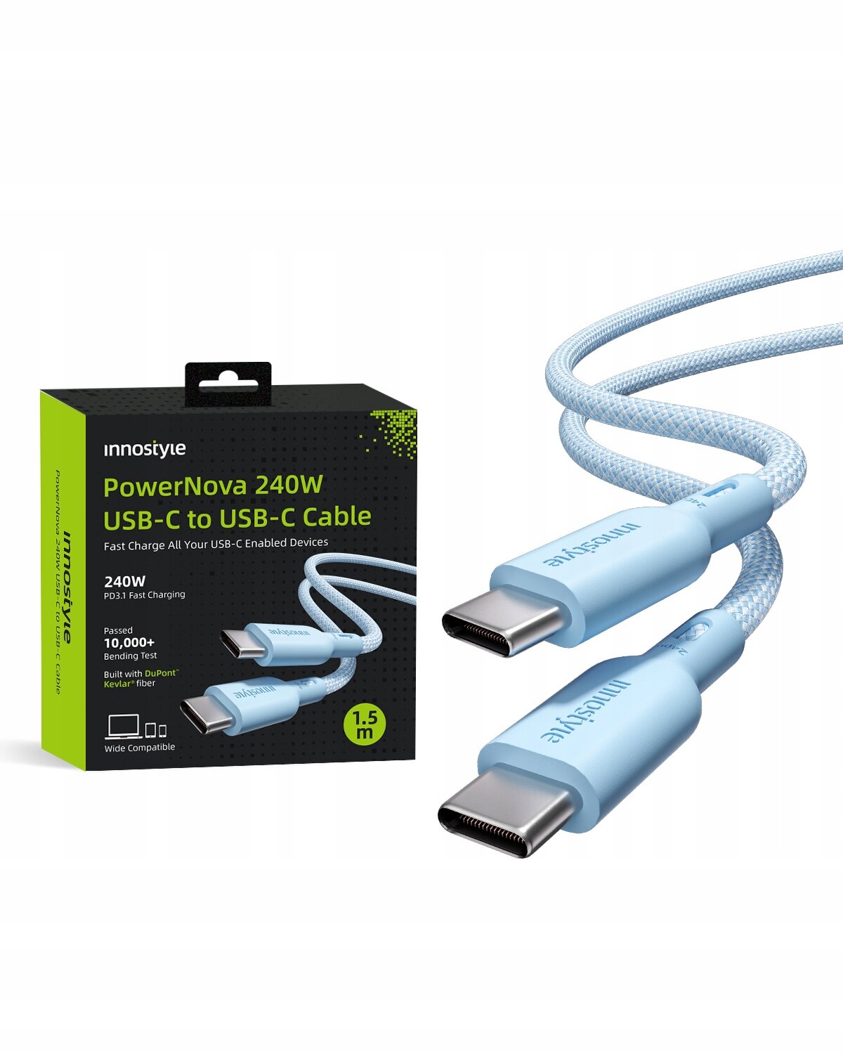 Na obrazie widoczny jest niebieski kabel USB-C z napisem \'innostyle\' oraz opakowanie z napisem \'innostyle PowerNova 240W USB-C to USB-C Cable\'.